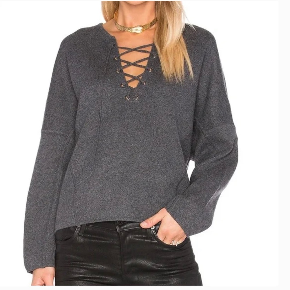 Vince Lace-Up Front Sweater Gray Merino Wool Cashmere